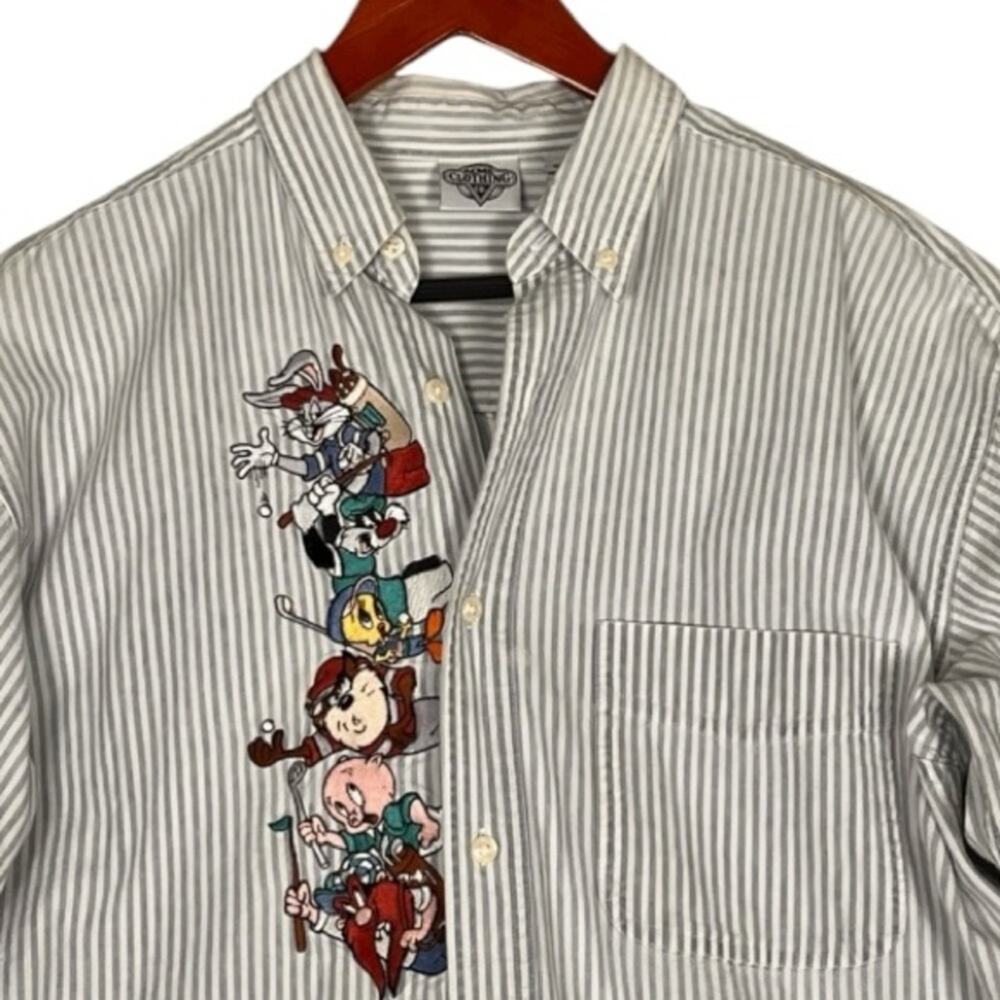 Vintage Acme Looney Tunes Golf Embroidered Shirt Medium Pinstripe Button Down